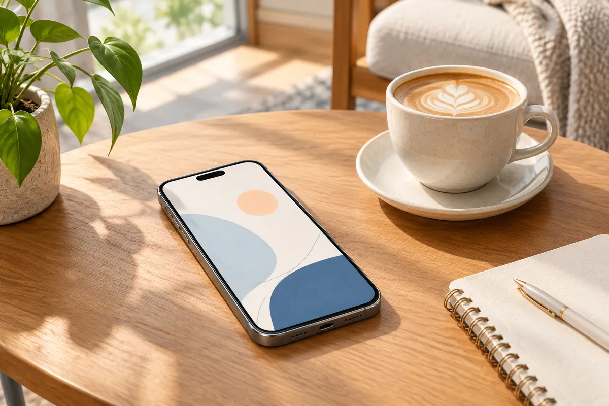 Teléfono inteligente sobre una mesa de madera con un café