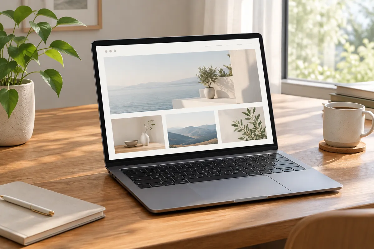 Ordenador portátil sobre una mesa de madera con un diseño web minimalista.