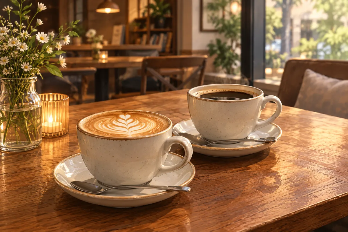 Dos tazas de café sobre una mesa de madera en una cafetería acogedora