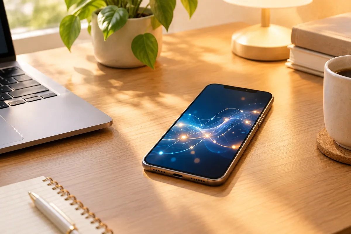 Ordenador y smartphone sobre una mesa con diseño minimalista